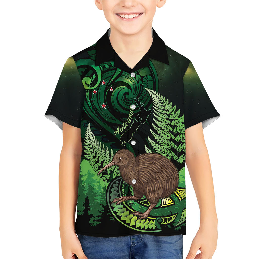 Kiwi New Zealand Personalised Family Matching Short Sleeve Bodycon Dress and Hawaiian Shirt Aotearoa Map Silver Fern Koru Pattern LT22 Son's Shirt Green - Polynesian Pride