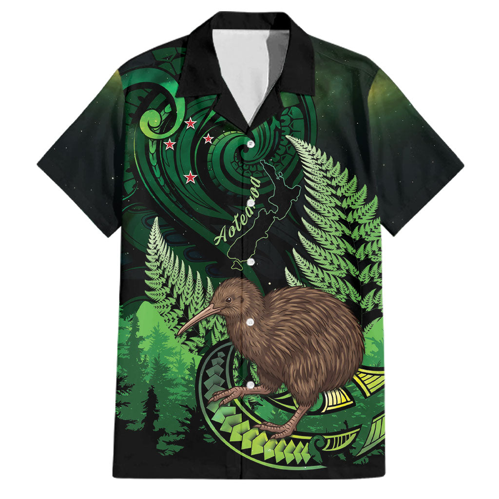 Kiwi New Zealand Personalised Family Matching Summer Maxi Dress and Hawaiian Shirt Aotearoa Map Silver Fern Koru Pattern LT22 Dad's Shirt - Short Sleeve Green - Polynesian Pride