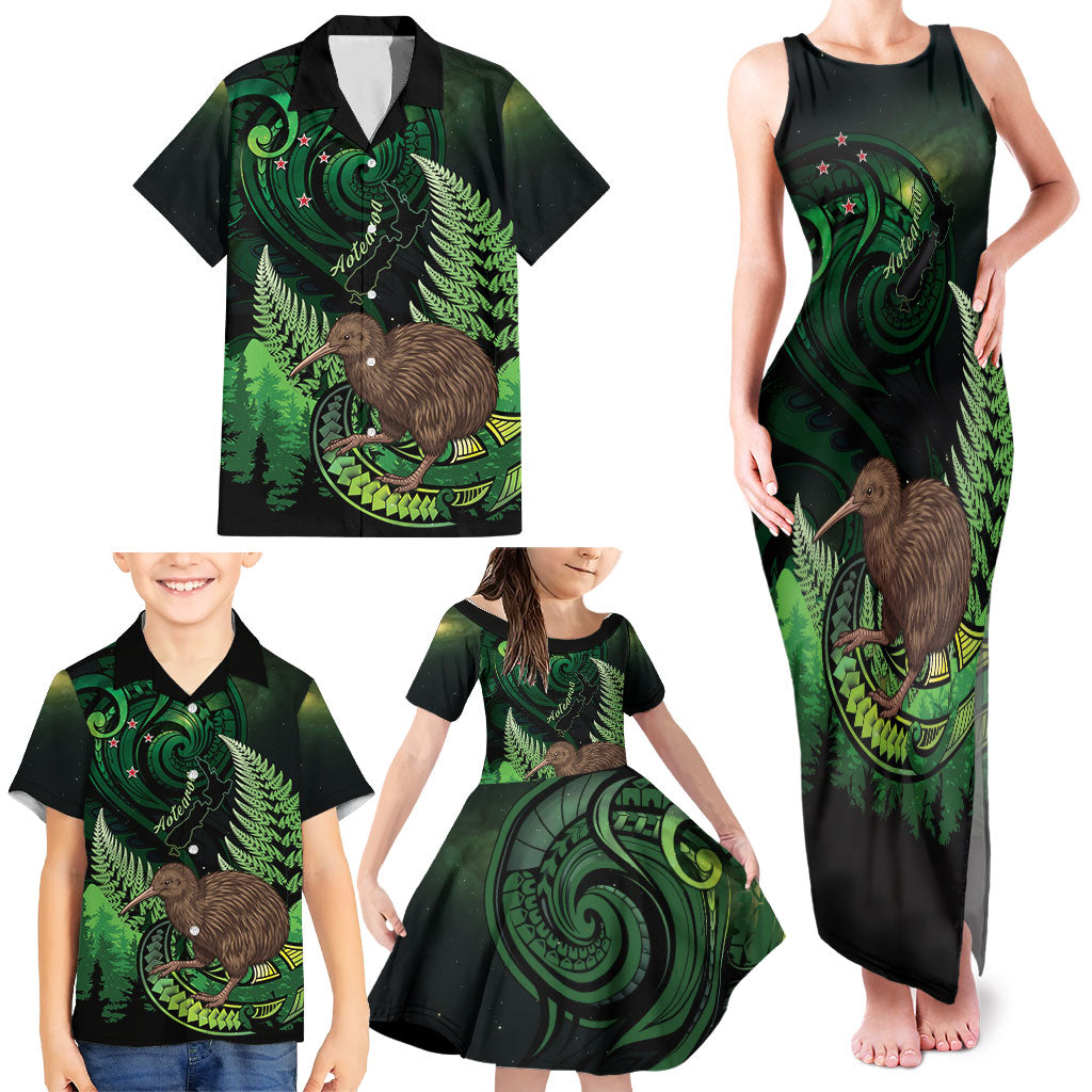 Kiwi New Zealand Personalised Family Matching Tank Maxi Dress and Hawaiian Shirt Aotearoa Map Silver Fern Koru Pattern