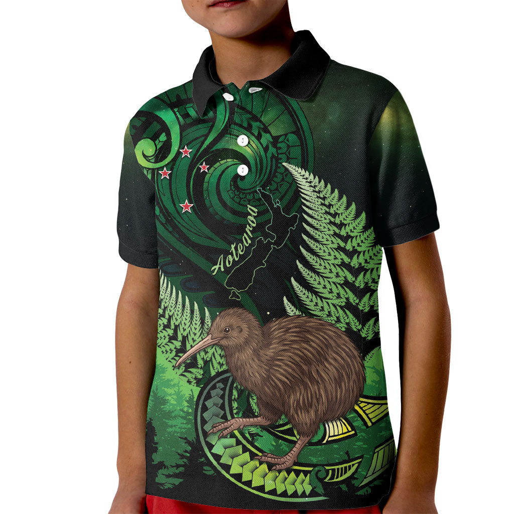Kiwi New Zealand Personalised Kid Polo Shirt Aotearoa Map Silver Fern Koru Pattern