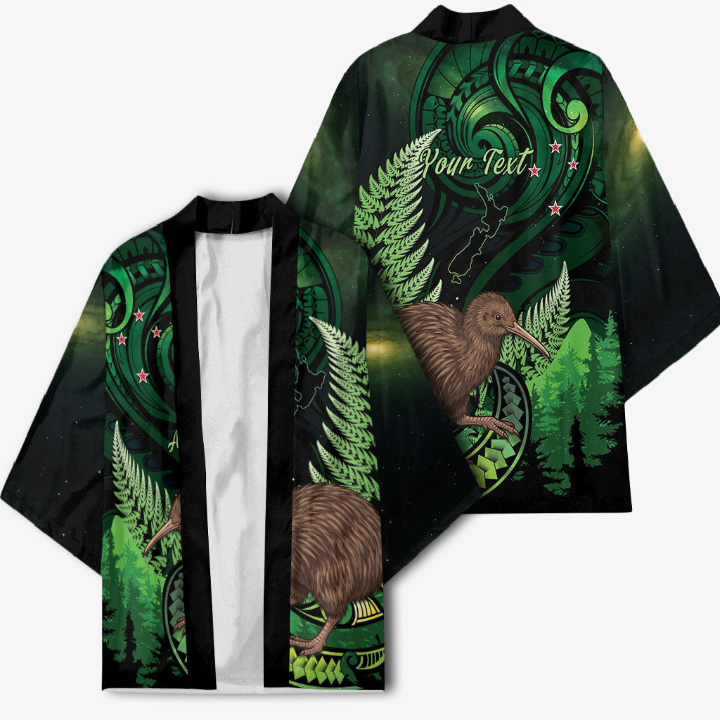 Kiwi New Zealand Personalised Kimono Aotearoa Map Silver Fern Koru Pattern