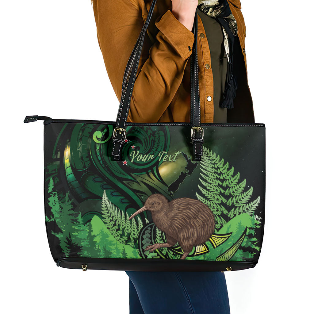 Kiwi New Zealand Personalised Leather Tote Bag Aotearoa Map Silver Fern Koru Pattern