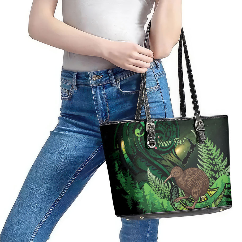 Kiwi New Zealand Personalised Leather Tote Bag Aotearoa Map Silver Fern Koru Pattern