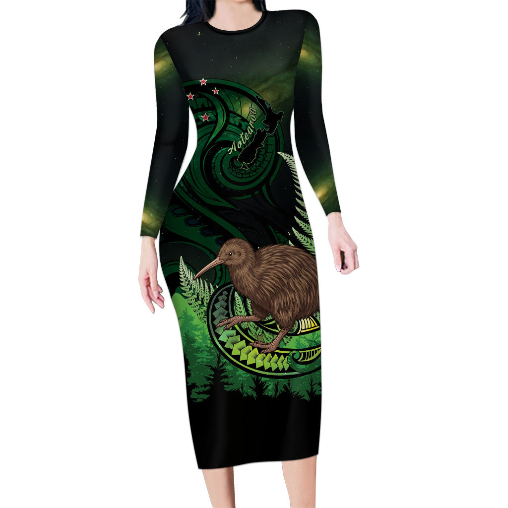 Kiwi New Zealand Personalised Long Sleeve Bodycon Dress Aotearoa Map Silver Fern Koru Pattern