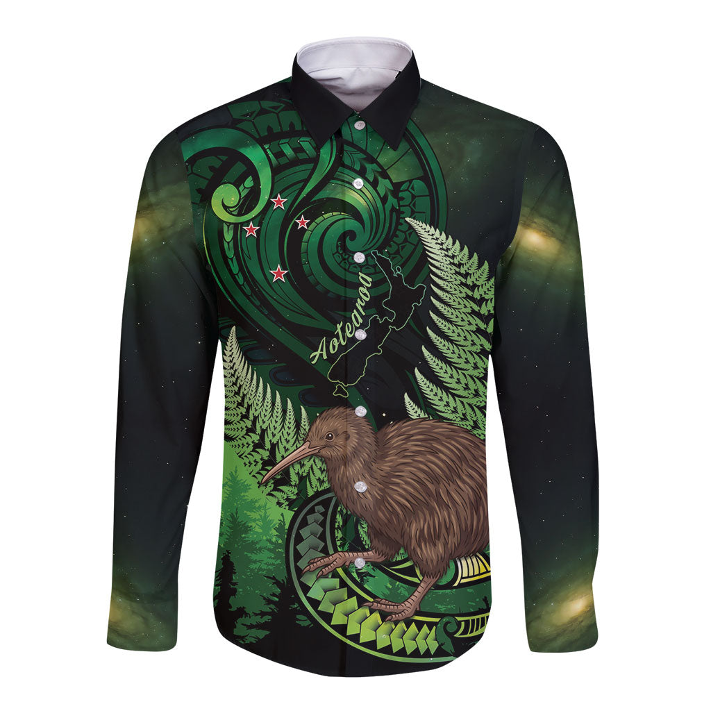 Kiwi New Zealand Personalised Long Sleeve Button Shirt Aotearoa Map Silver Fern Koru Pattern