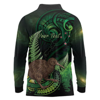 Kiwi New Zealand Personalised Long Sleeve Polo Shirt Aotearoa Map Silver Fern Koru Pattern