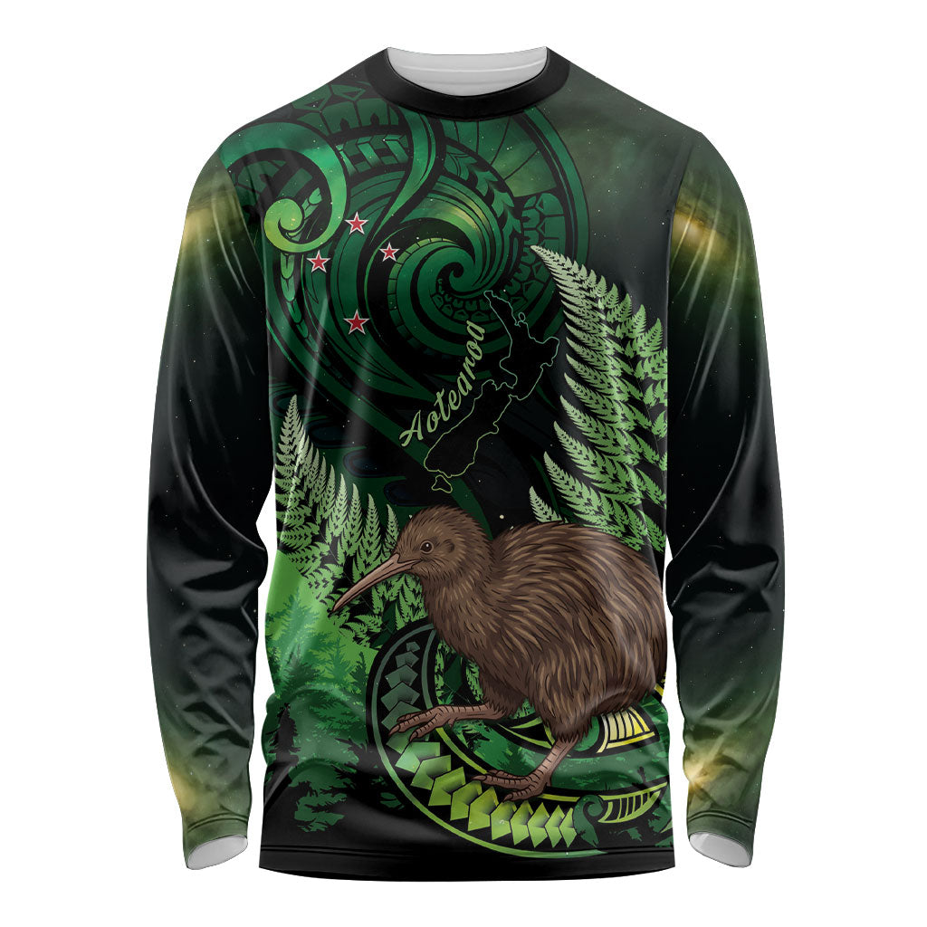Kiwi New Zealand Personalised Long Sleeve Shirt Aotearoa Map Silver Fern Koru Pattern