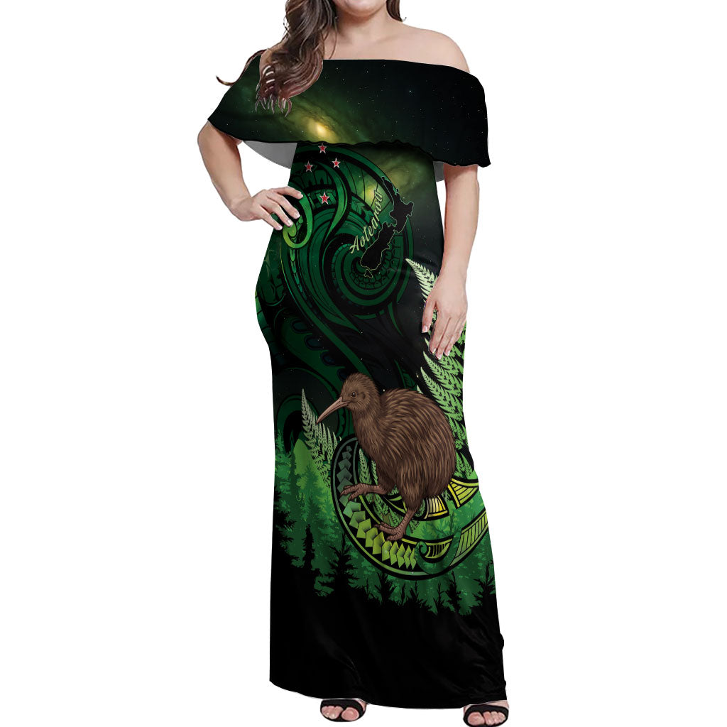 Kiwi New Zealand Personalised Off Shoulder Maxi Dress Aotearoa Map Silver Fern Koru Pattern