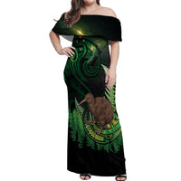 Kiwi New Zealand Personalised Off Shoulder Maxi Dress Aotearoa Map Silver Fern Koru Pattern