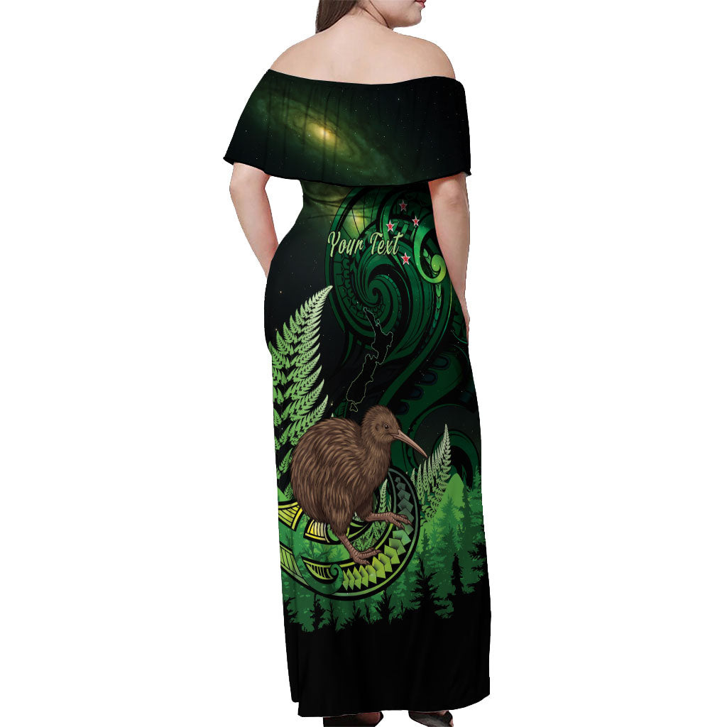 Kiwi New Zealand Personalised Off Shoulder Maxi Dress Aotearoa Map Silver Fern Koru Pattern