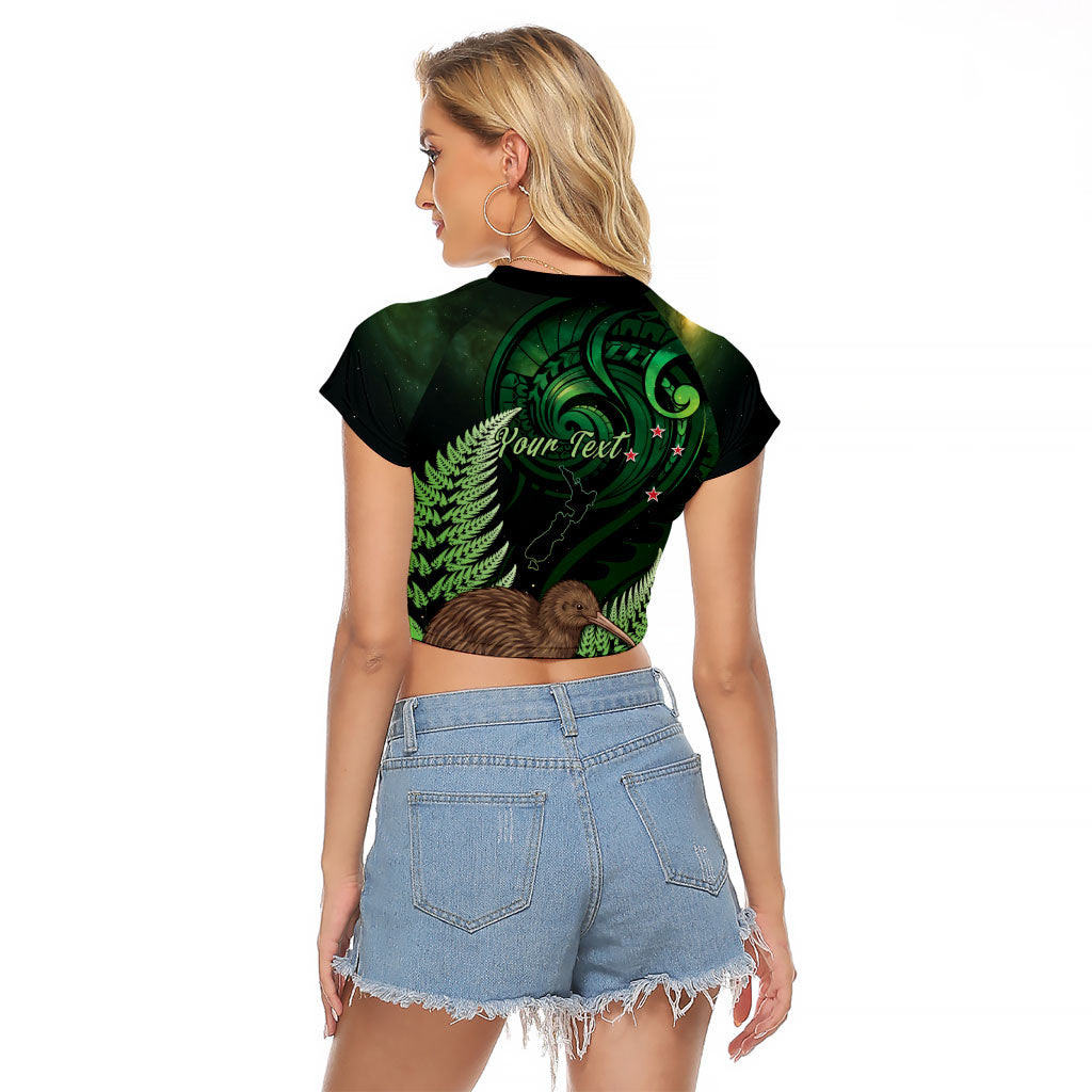 Kiwi New Zealand Personalised Raglan Cropped T Shirt Aotearoa Map Silver Fern Koru Pattern