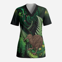 Kiwi New Zealand Personalised Scrub Top Aotearoa Map Silver Fern Koru Pattern