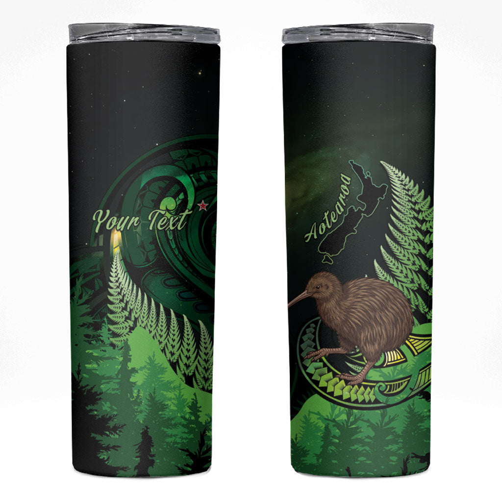 Kiwi New Zealand Personalised Skinny Tumbler Aotearoa Map Silver Fern Koru Pattern
