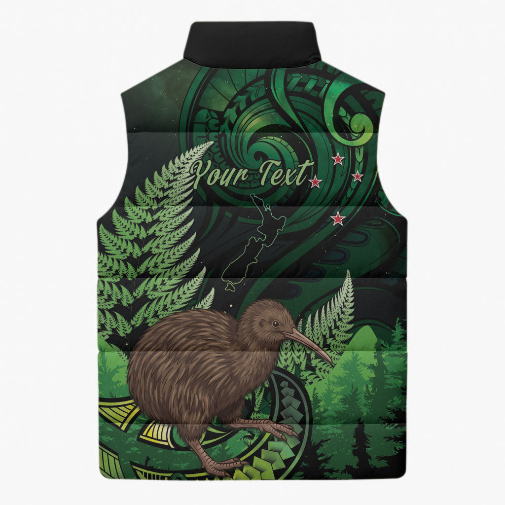Kiwi New Zealand Personalised Sleeveless Puffer Jacket Aotearoa Map Silver Fern Koru Pattern