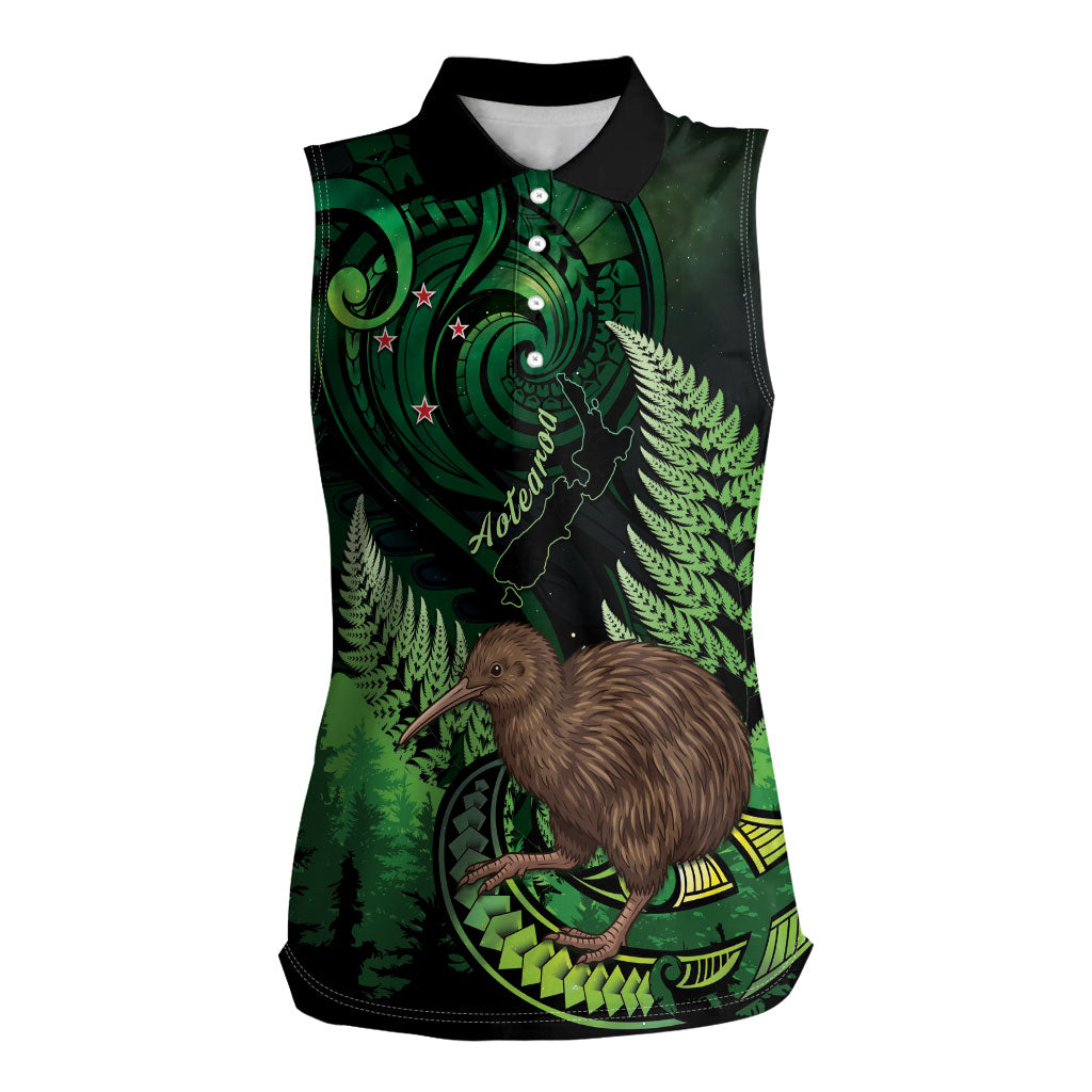 Kiwi New Zealand Personalised Women Sleeveless Polo Shirt Aotearoa Map Silver Fern Koru Pattern