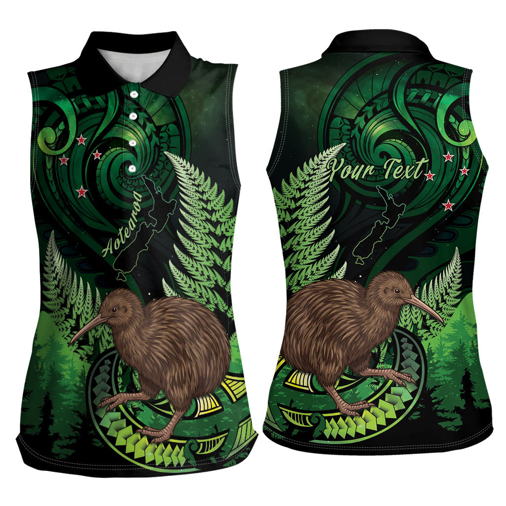 Kiwi New Zealand Personalised Women Sleeveless Polo Shirt Aotearoa Map Silver Fern Koru Pattern