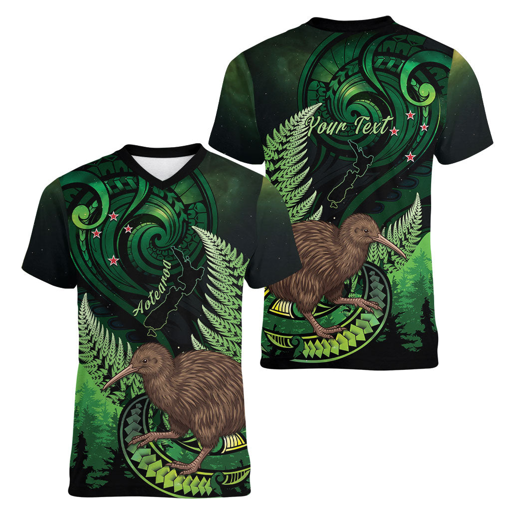 Kiwi New Zealand Personalised Women V-Neck T-Shirt Aotearoa Map Silver Fern Koru Pattern