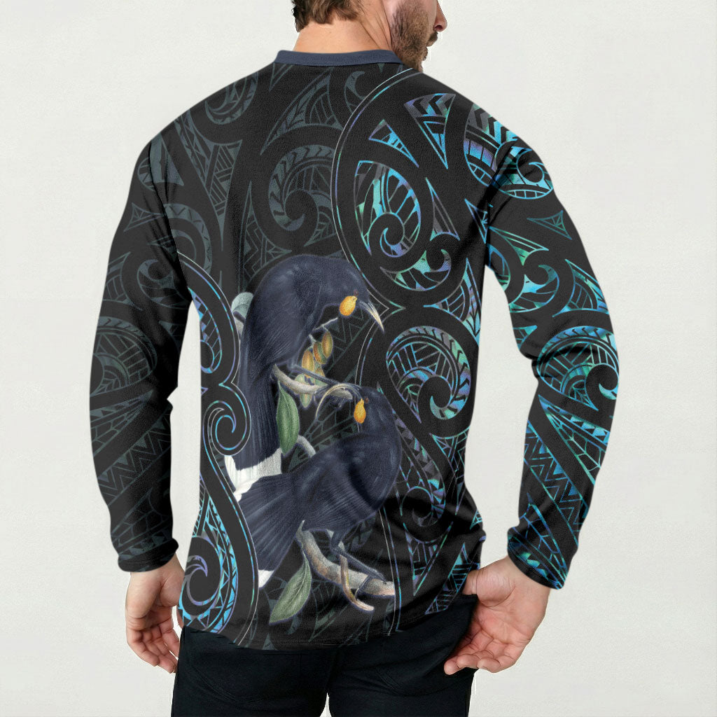 New Zealand Huia Bird Button Sweatshirt Paua Shell Maori Pattern