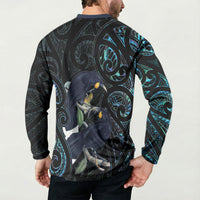 New Zealand Huia Bird Button Sweatshirt Paua Shell Maori Pattern
