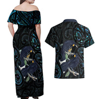New Zealand Huia Bird Couples Matching Off Shoulder Maxi Dress and Hawaiian Shirt Paua Shell Maori Pattern