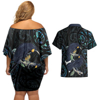 New Zealand Huia Bird Couples Matching Off Shoulder Short Dress and Hawaiian Shirt Paua Shell Maori Pattern