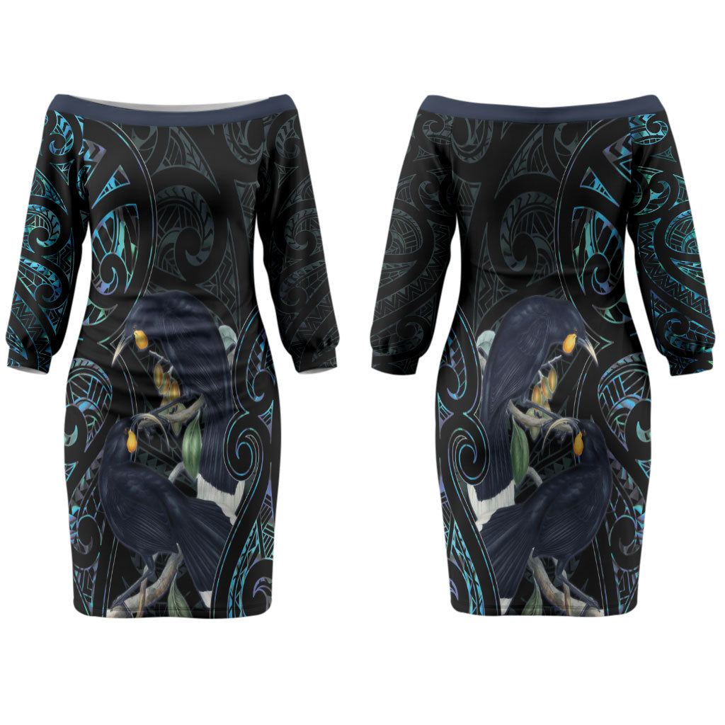 New Zealand Huia Bird Couples Matching Off The Shoulder Long Sleeve Dress and Hawaiian Shirt Paua Shell Maori Pattern LT22 - Polynesian Pride