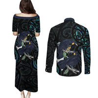 New Zealand Huia Bird Couples Matching Puletasi and Long Sleeve Button Shirt Paua Shell Maori Pattern