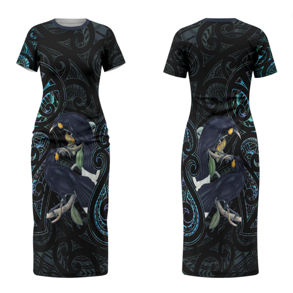 New Zealand Huia Bird Couples Matching Short Sleeve Bodycon Dress and Hawaiian Shirt Paua Shell Maori Pattern LT22 - Polynesian Pride