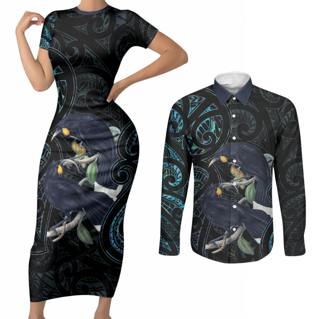 New Zealand Huia Bird Couples Matching Short Sleeve Bodycon Dress and Long Sleeve Button Shirt Paua Shell Maori Pattern LT22 Black - Polynesian Pride
