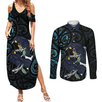 New Zealand Huia Bird Couples Matching Summer Maxi Dress and Long Sleeve Button Shirt Paua Shell Maori Pattern
