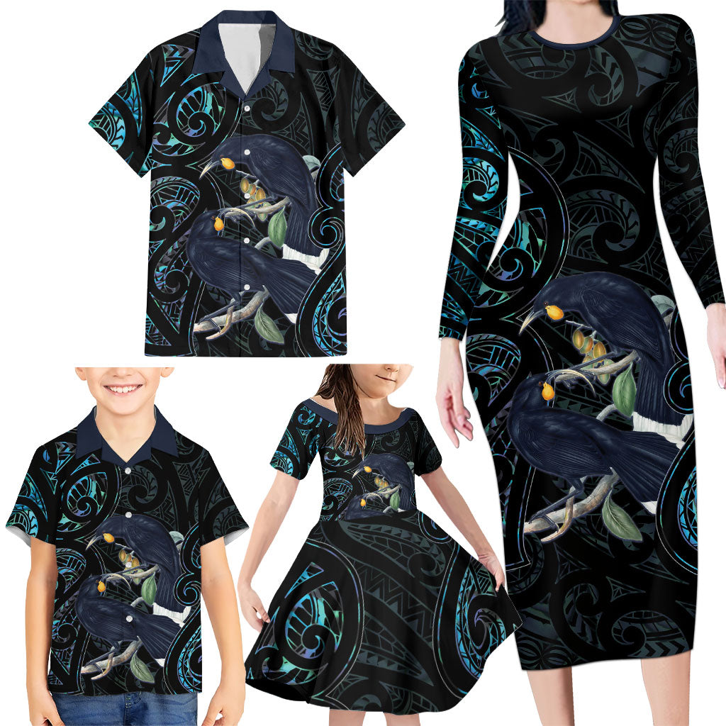 New Zealand Huia Bird Family Matching Long Sleeve Bodycon Dress and Hawaiian Shirt Paua Shell Maori Pattern LT22 - Polynesian Pride
