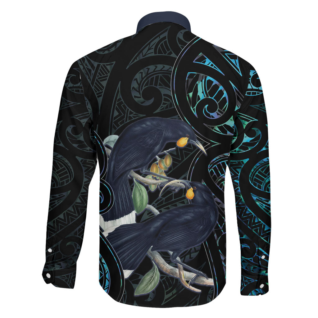 New Zealand Huia Bird Family Matching Long Sleeve Bodycon Dress and Hawaiian Shirt Paua Shell Maori Pattern LT22 - Polynesian Pride