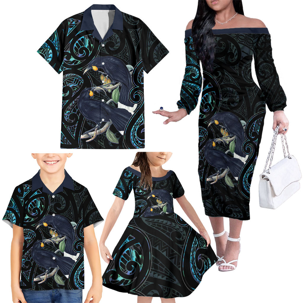 New Zealand Huia Bird Family Matching Off The Shoulder Long Sleeve Dress and Hawaiian Shirt Paua Shell Maori Pattern LT22 - Polynesian Pride