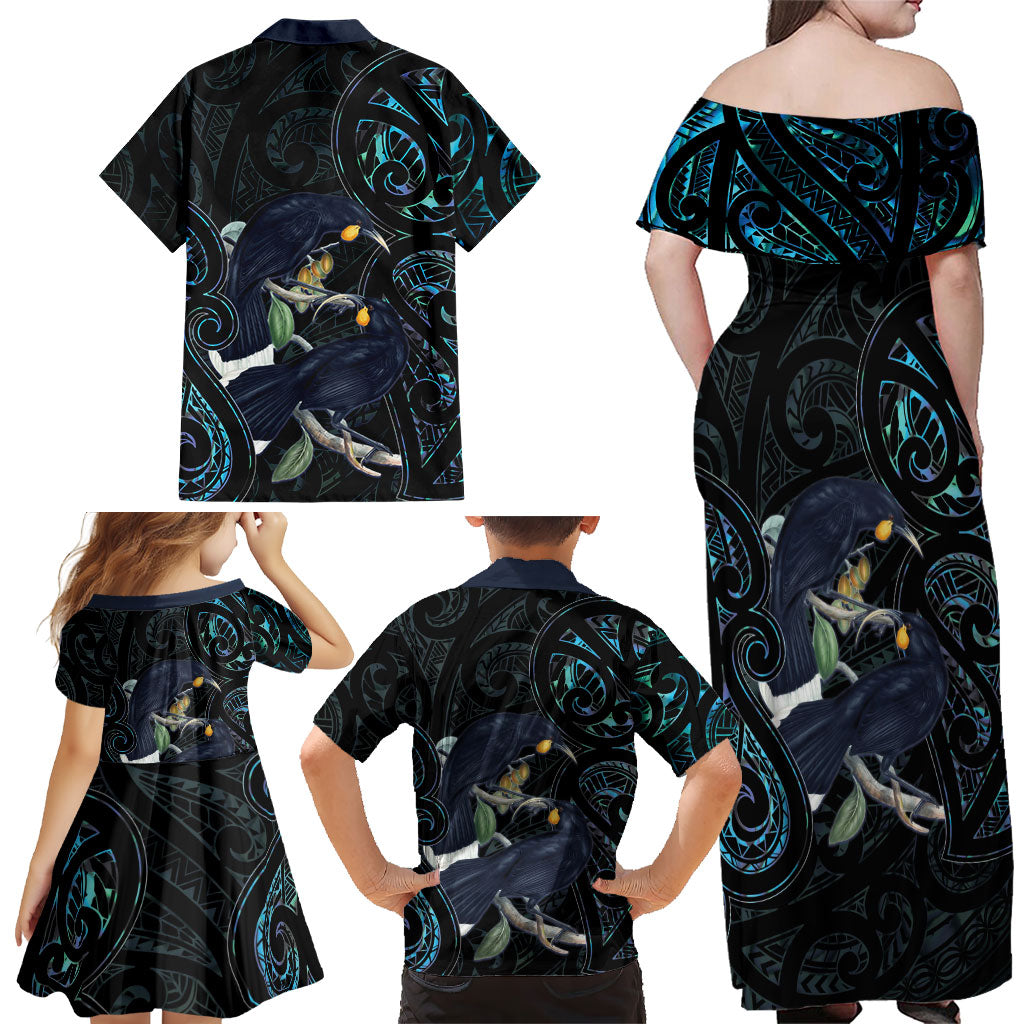 New Zealand Huia Bird Family Matching Off Shoulder Maxi Dress and Hawaiian Shirt Paua Shell Maori Pattern LT22 - Polynesian Pride