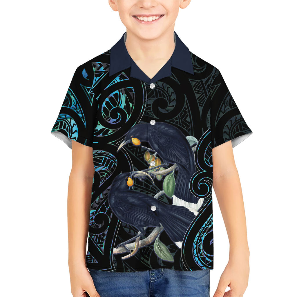 New Zealand Huia Bird Family Matching Off Shoulder Maxi Dress and Hawaiian Shirt Paua Shell Maori Pattern LT22 Son's Shirt Black - Polynesian Pride