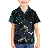 New Zealand Huia Bird Family Matching Off Shoulder Maxi Dress and Hawaiian Shirt Paua Shell Maori Pattern LT22 Son's Shirt Black - Polynesian Pride