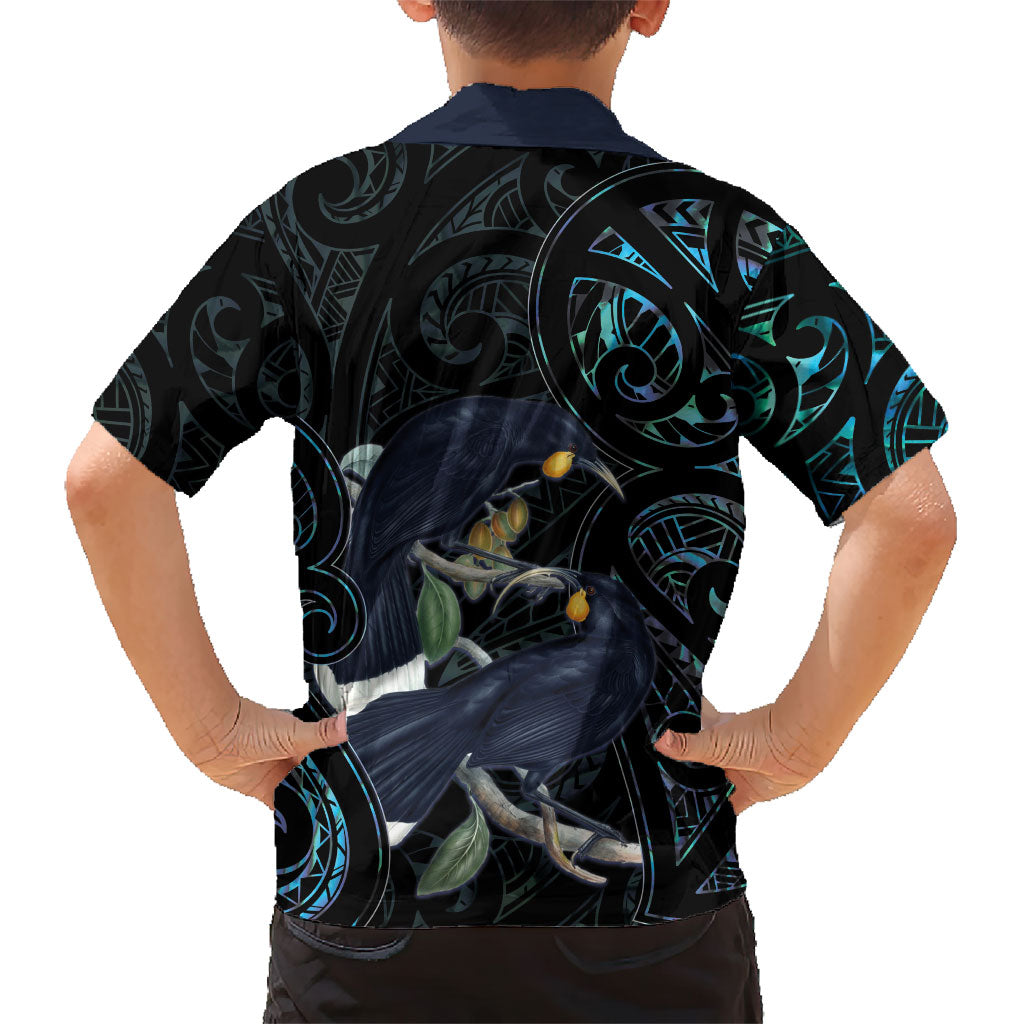 New Zealand Huia Bird Family Matching Off Shoulder Short Dress and Hawaiian Shirt Paua Shell Maori Pattern LT22 - Polynesian Pride