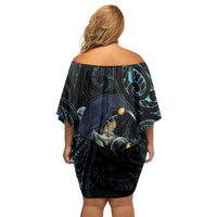 New Zealand Huia Bird Family Matching Off Shoulder Short Dress and Hawaiian Shirt Paua Shell Maori Pattern LT22 - Polynesian Pride