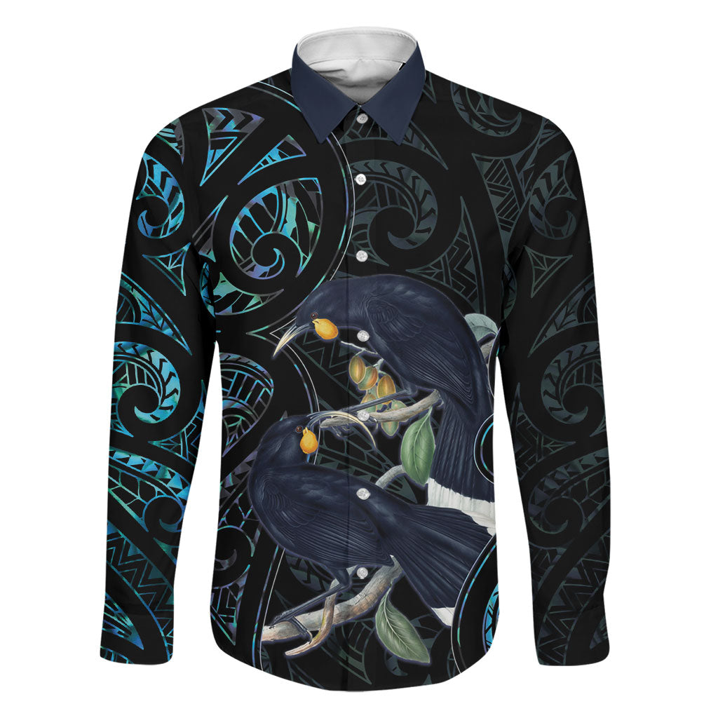 New Zealand Huia Bird Family Matching Puletasi and Hawaiian Shirt Paua Shell Maori Pattern LT22 Dad's Shirt - Long Sleeve Black - Polynesian Pride