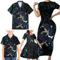 New Zealand Huia Bird Family Matching Short Sleeve Bodycon Dress and Hawaiian Shirt Paua Shell Maori Pattern LT22 - Polynesian Pride