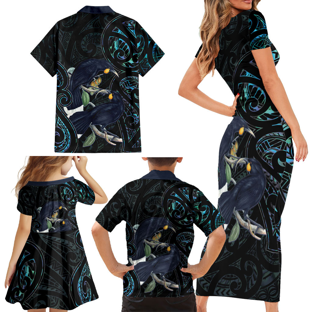 New Zealand Huia Bird Family Matching Short Sleeve Bodycon Dress and Hawaiian Shirt Paua Shell Maori Pattern LT22 - Polynesian Pride