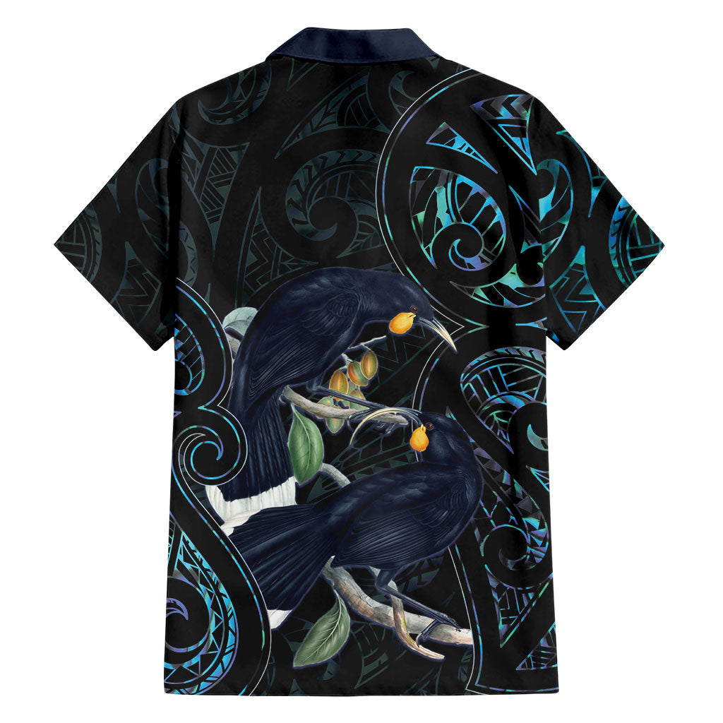 New Zealand Huia Bird Family Matching Short Sleeve Bodycon Dress and Hawaiian Shirt Paua Shell Maori Pattern LT22 - Polynesian Pride