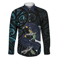 New Zealand Huia Bird Family Matching Short Sleeve Bodycon Dress and Hawaiian Shirt Paua Shell Maori Pattern LT22 Dad's Shirt - Long Sleeve Black - Polynesian Pride