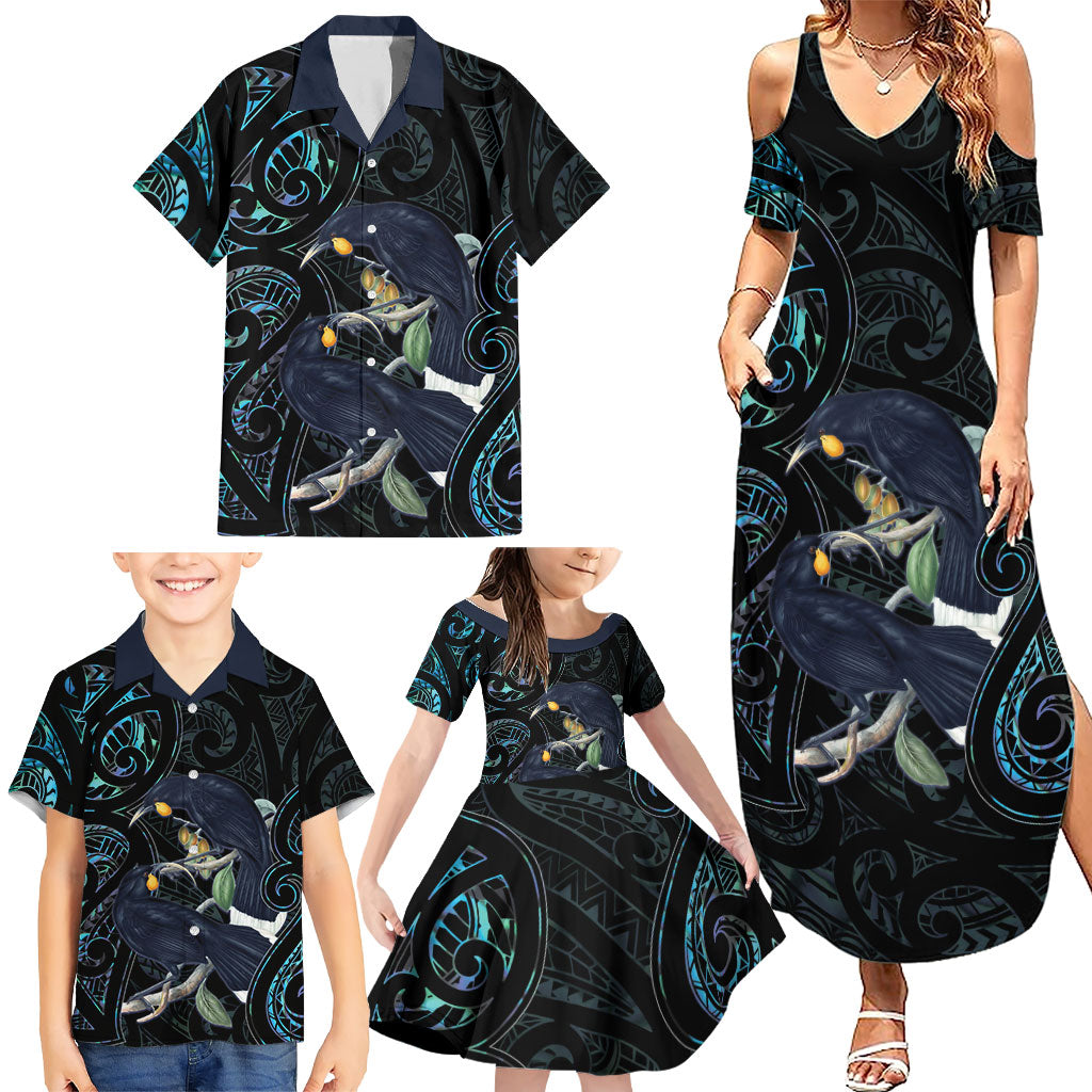 New Zealand Huia Bird Family Matching Summer Maxi Dress and Hawaiian Shirt Paua Shell Maori Pattern LT22 - Polynesian Pride