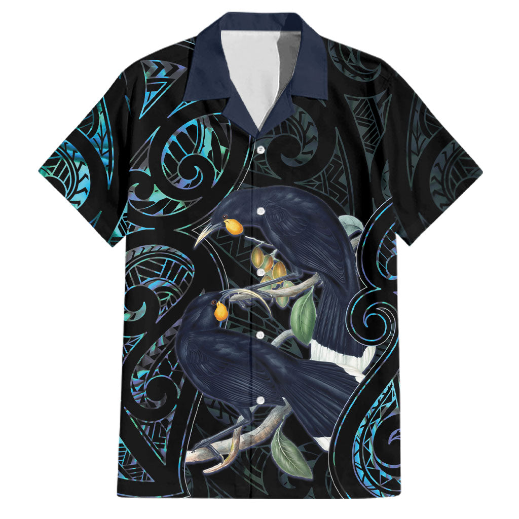 New Zealand Huia Bird Family Matching Summer Maxi Dress and Hawaiian Shirt Paua Shell Maori Pattern LT22 Dad's Shirt - Short Sleeve Black - Polynesian Pride