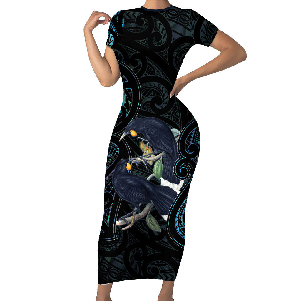 New Zealand Huia Bird Short Sleeve Bodycon Dress Paua Shell Maori Pattern LT22 Long Dress Black - Polynesian Pride