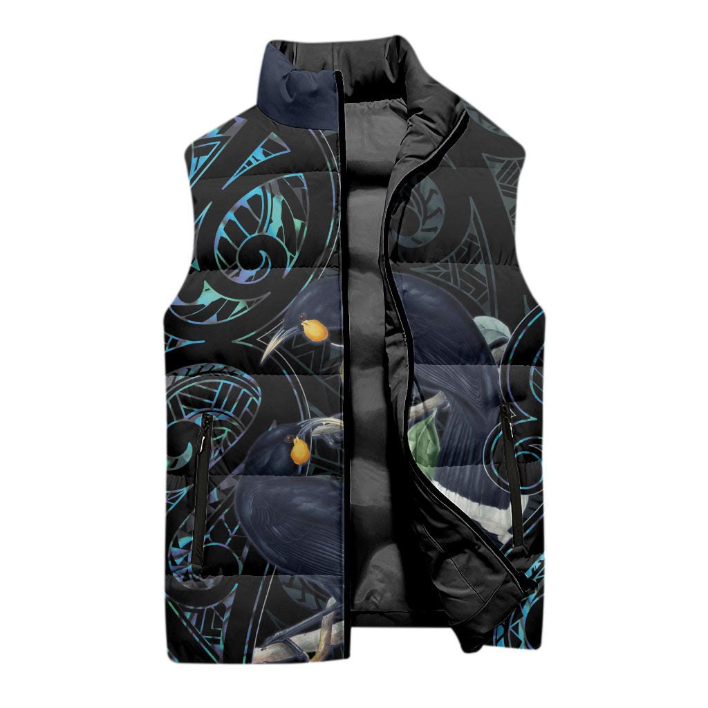 New Zealand Huia Bird Sleeveless Puffer Jacket Paua Shell Maori Pattern