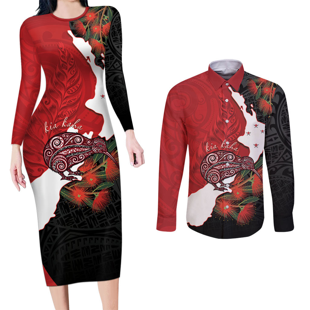 Kiwi New Zealand Personalised Couples Matching Long Sleeve Bodycon Dress and Long Sleeve Button Shirt NZ Map Pohutukawa Fern Maori Pattern