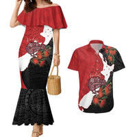 Kiwi New Zealand Personalised Couples Matching Mermaid Dress and Hawaiian Shirt NZ Map Pohutukawa Fern Maori Pattern LT22 Red - Polynesian Pride