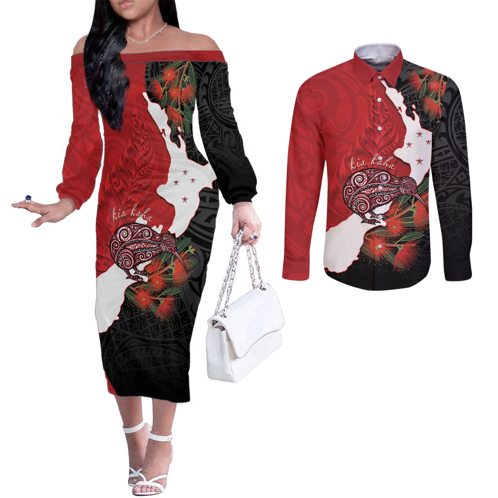 Kiwi New Zealand Personalised Couples Matching Off The Shoulder Long Sleeve Dress and Long Sleeve Button Shirt NZ Map Pohutukawa Fern Maori Pattern